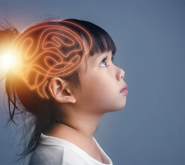 young girl with black hair from the side profile looking up with the image of a brain abstractly drawn over her head
