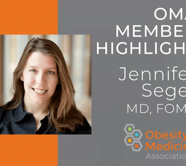 Graphic with the background split into half orange and half gray, with a headshot of Jennifer Seger on the right and text on the left reading: OMA Member Highlight, Jennifer Seger MD, FOMA with the OMA logo in the bottom right corner