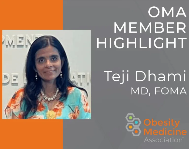 Image of Teji Dhami, MD, FOMA on an orange and gray graphic that says OMA Member Highlight