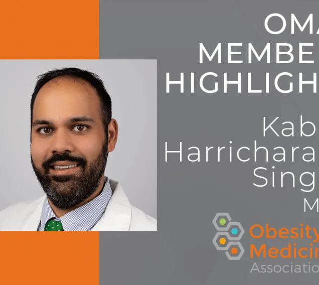 Graphic with a half-gray, half-orange background with a square image of Kabir Harricharan on the left side. The right side of the graphic states: OMA member highlight