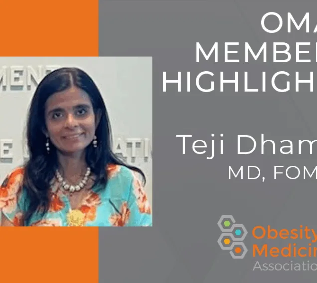 Image of Teji Dhami, MD, FOMA on an orange and gray graphic that says OMA Member Highlight