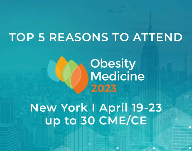 Image of New York skyline with a blue overlay with the obesity medicine 2023 logo and the words 5 reasons to attend