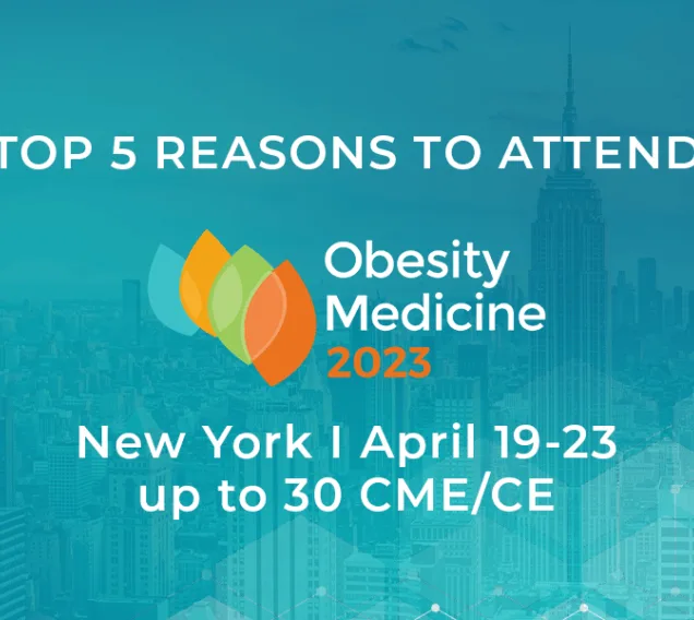Image of New York skyline with a blue overlay with the obesity medicine 2023 logo and the words 5 reasons to attend