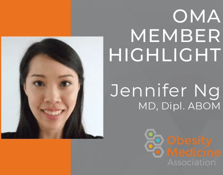Image of Jennifer Ng, MD on an orange and gray graphic that says OMA Member Highlight