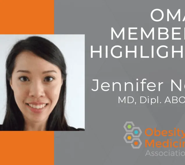Image of Jennifer Ng, MD on an orange and gray graphic that says OMA Member Highlight