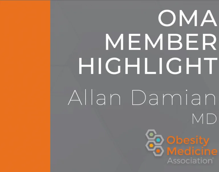 Graphic with a half-orange, half-gray background with the words: oma member highlight, Allan Damian, MD on the right side