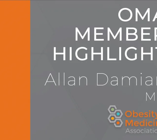 Graphic with a half-orange, half-gray background with the words: oma member highlight, Allan Damian, MD on the right side