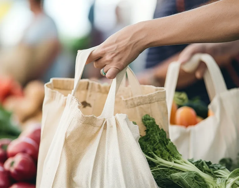 Image of a woman's hands at a grocery store or farmers market holding a reusable shopping bag