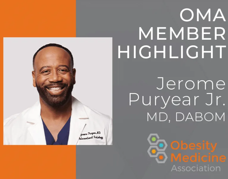 OMA Member Highlight graphic image: half orange, half gray with a headshot of Dr.Jerome Puryear. To the left of the image is the text: OMA Member Highlight, Jerome Puryear Jr. MD, DABOM with the OMA logo in the bottom right corner