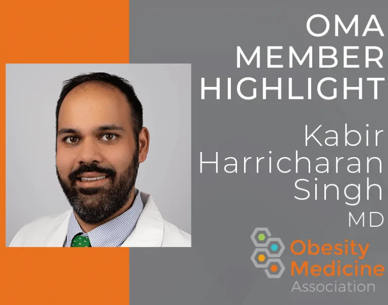 Graphic with a half-gray, half-orange background with a square image of Kabir Harricharan on the left side. The right side of the graphic states: OMA member highlight