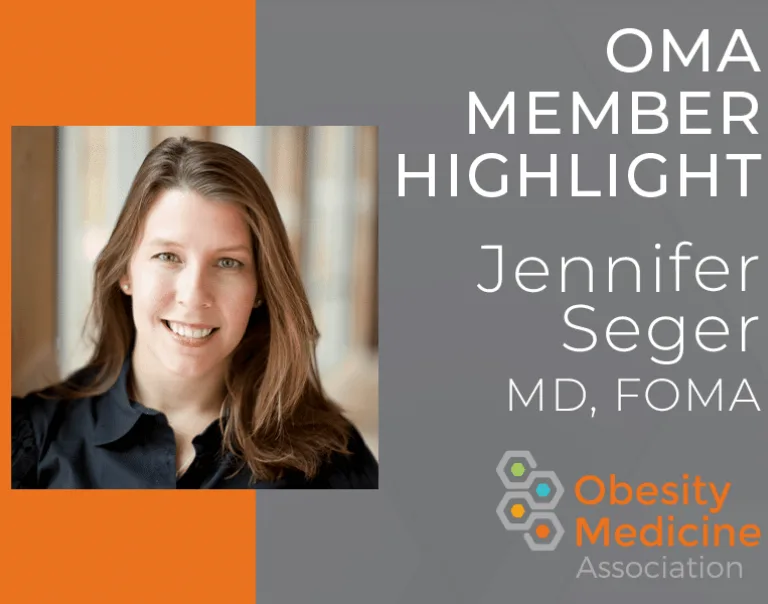 Graphic with the background split into half orange and half gray, with a headshot of Jennifer Seger on the right and text on the left reading: OMA Member Highlight, Jennifer Seger MD, FOMA with the OMA logo in the bottom right corner